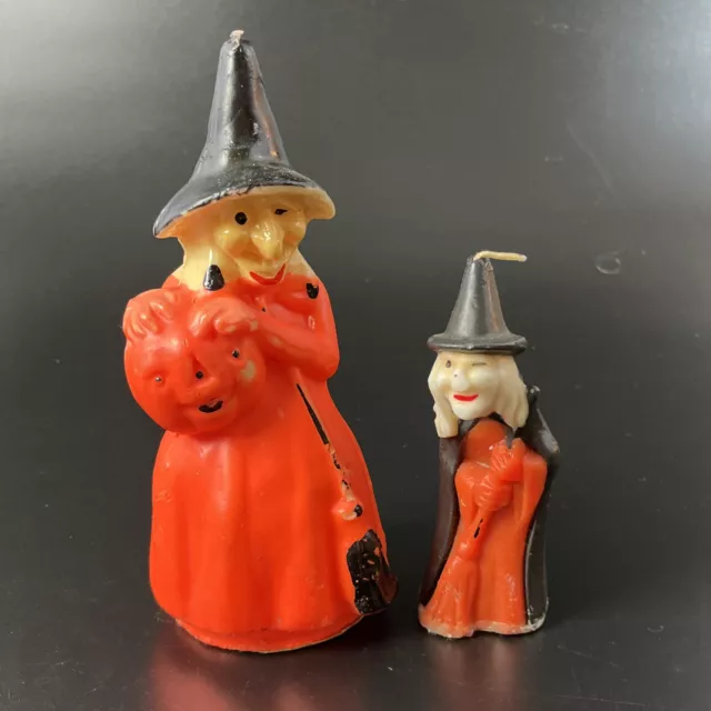 Lot of 2 Vintage 1950's Gurley Ugly Witch With Broom Candle Halloween 6" & 8"