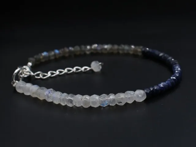 Bracelet pierre de lune arc-en-ciel naturelle + saphir bleu + labradorite,...
