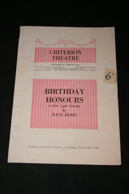 Birthday Honours - 1953 Criterion Theatre Programme - Moira Lister, David Stoll