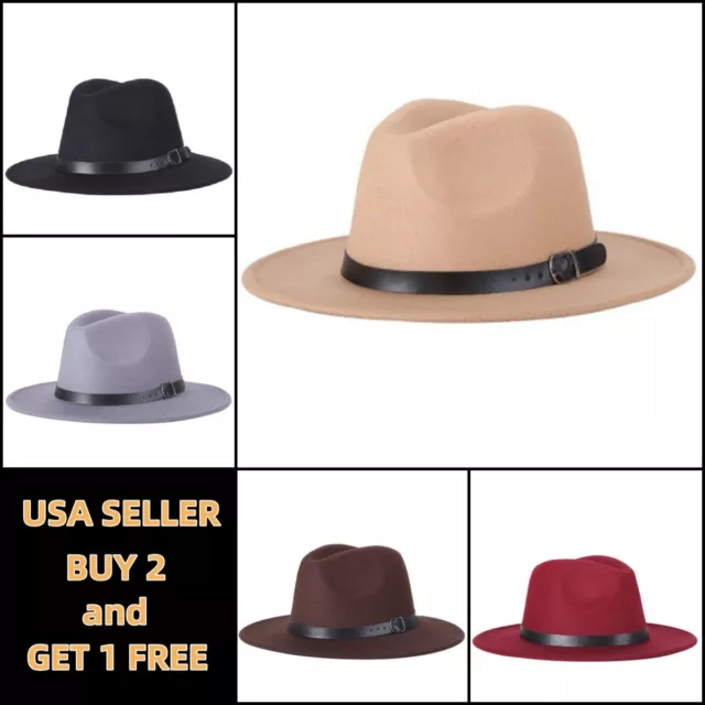 Wide Brim Wool Felt Fedora Panama Western Cowboy Hat Casual Jazz Cap Men Women