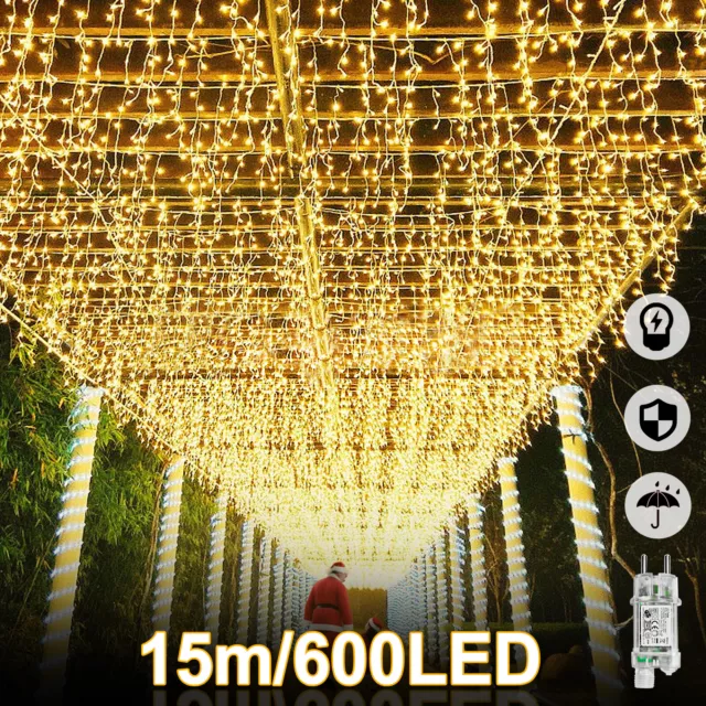 LED Lichterkette Eisregen 600 LEDs Lichtervorhang Warmweiß Speicherfunktion 31V
