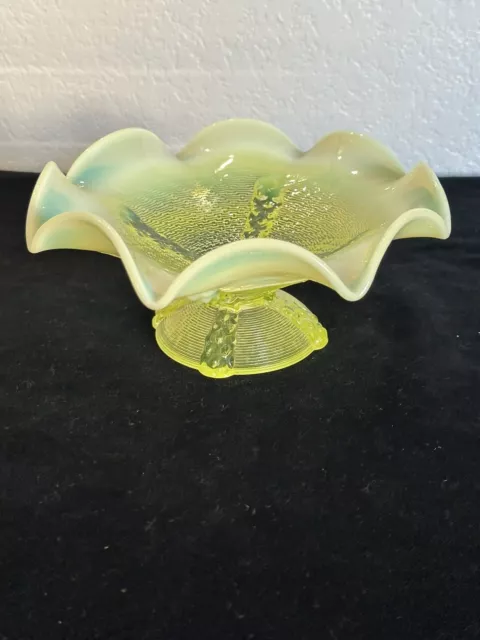 Northwood Vaseline Opalescent Ruffled Rim Pedestal Glass Compote Candy Dish