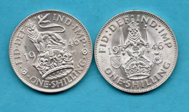 1946 English & Scottish Shilling Coins. 2 King George Vi. 1/-. In High Grade.