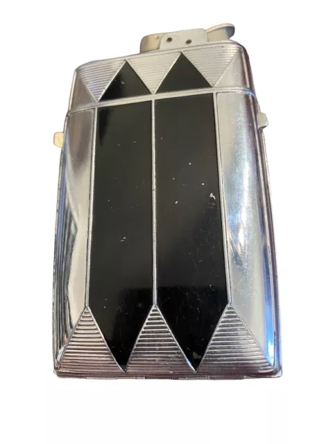 Vintage Evans Art Deco Enamel Trig-A-Lite Lighter & Case. RARE Black Chrome