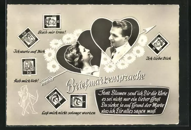AK Briefmarken sprechen für 2 Verliebte, Briefmarkensprache, Blumen