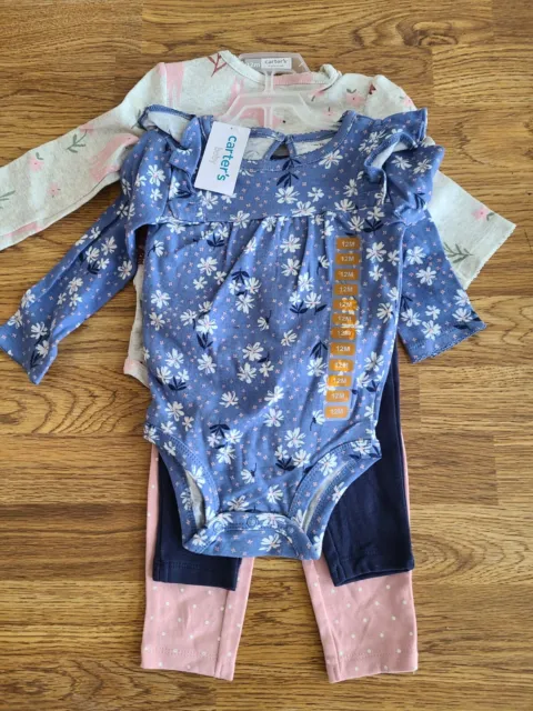 Carter Infant Girl 4pc Playwear Shirt Bodysuit Pant 6 9 12 Month Blue Flower Fox