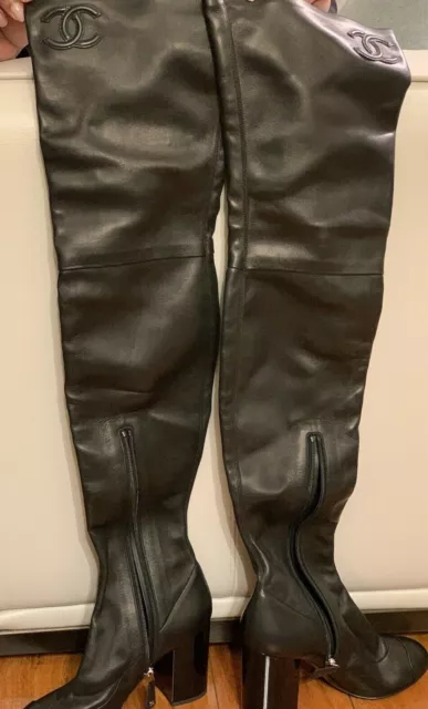 CHANEL 15A FANTASY Stretch Leather Thigh High Over Knee Tall Boots
