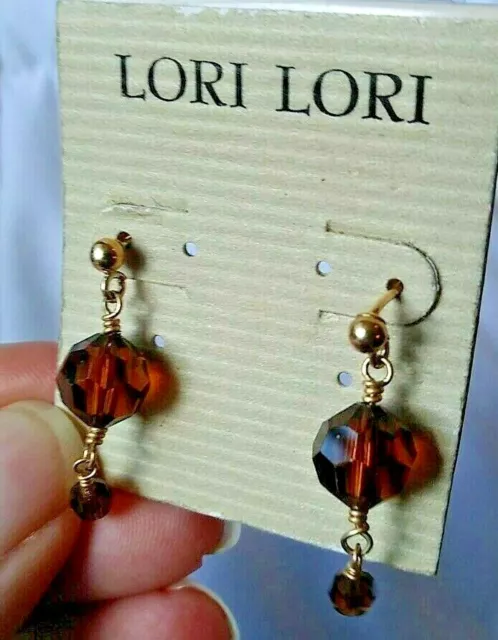 Lori Lori 14kt Gold Filled Dangle Earrings 2 Sparkly Honey Brown Crystals #129