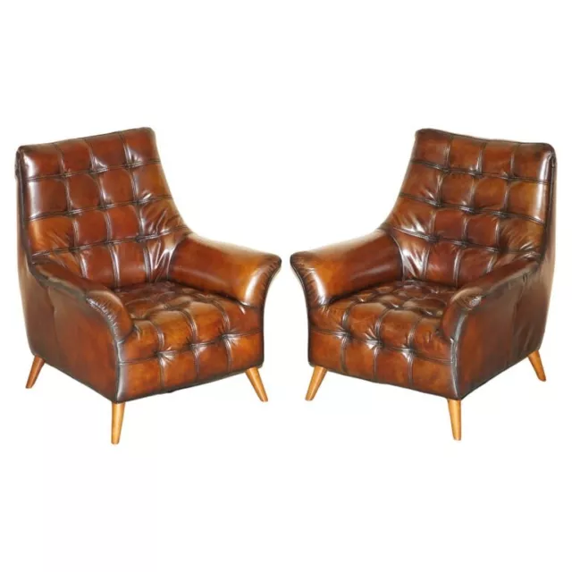 Pair Of Fully Restored Hand Dyed Chesterfield Whisky Brown Leather Armchairs