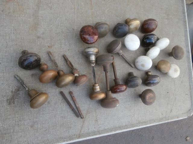 27 Antique Door Knobs Parts Assortment Lot Metal Brass Ceramic Porcelain