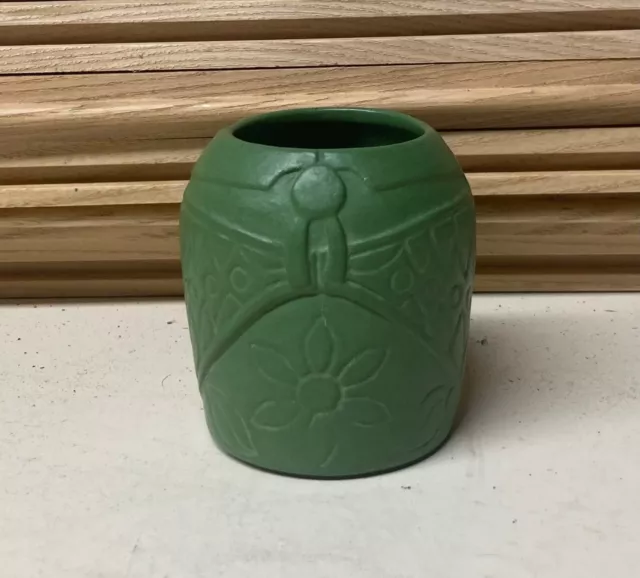 Adorable Matt Green Miniature Vase Incised Geometric Flowers Unmarked