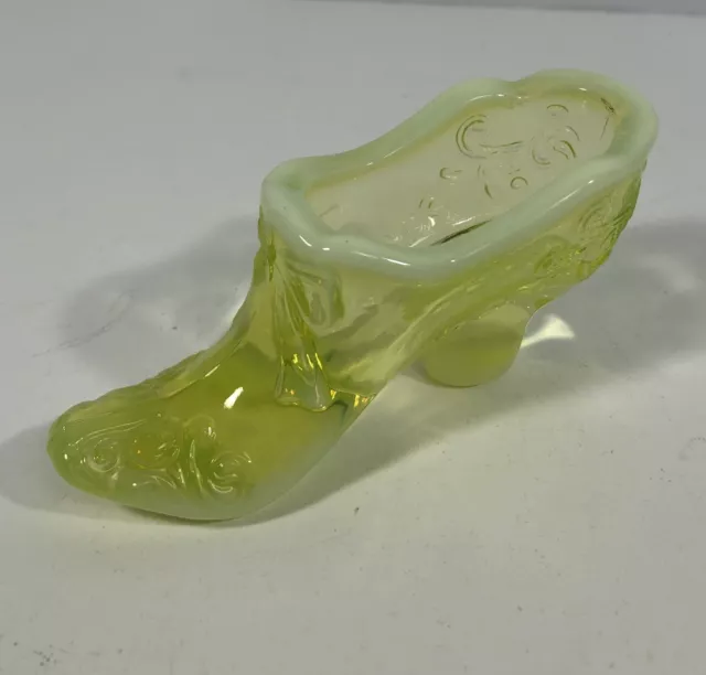 Mosser Glass Vaseline Opalescent Uranium Bow Slipper Shoe No Chips No Cracks