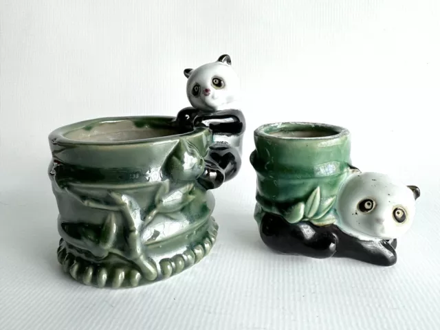 Vintage Majolica Style Panda Bamboo Planter Vase Pair Ceramic Glazed Pottery Set