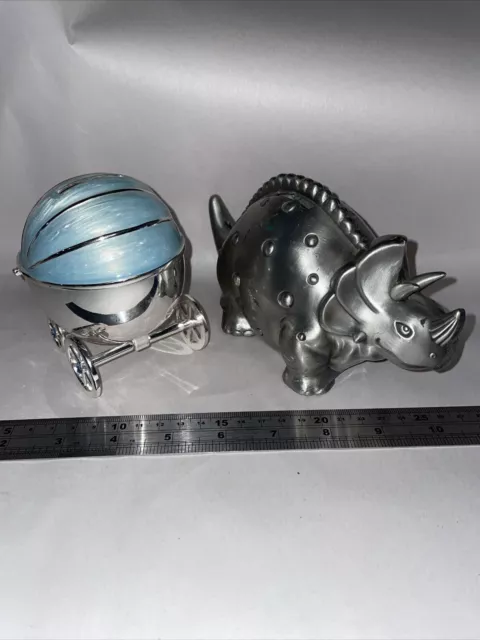 Christening Gift Silver Plated Enamelled Pram Money Box & Dinosaur Example