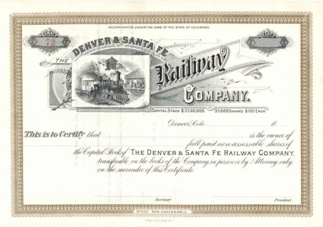 Denver and Santa Fe Railway Co. - Stock Certificate - Railroad Stocks