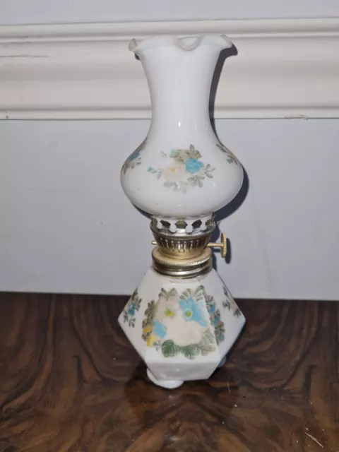 Lovely Milk Glass Miniature Vintage Oil Lamp 7" Tall Vgc