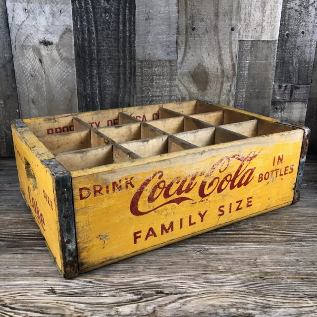Vintage Coca Cola Coke Family Size Red Yellow Soda Pop Wooden Crate