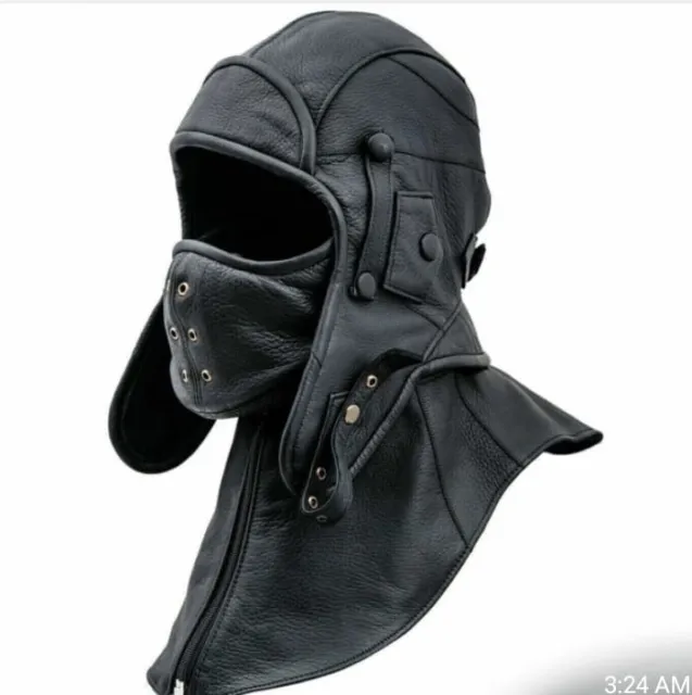 Real Leather Aviator Cap with Collar And Face Cover Tactical Hood