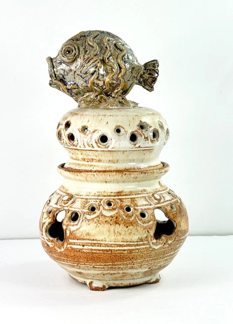 Artisan 2 Pc Incense Burner Fish Hand Sculpted Glazed Pottery Signed 8.5" C58