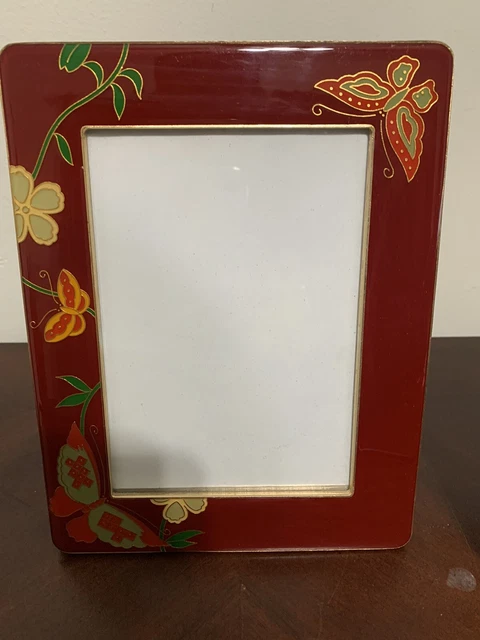 Vintage Enameled Butterfly Red Frame Flowers Gorgeous 4 1/4” X 6 1/4” Picture