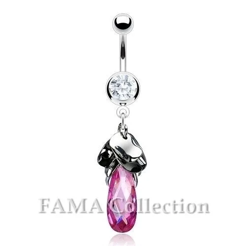 FAMA Surgical Steel Wavey Rounds and Marquise Gem Dangle CZ Navel Belly Ring