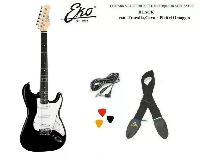 EKO S300 BLACK CHITARRA ELETTRICA STRATOCASTER STRATO NERA S 300 TRACOLLA e CAVO