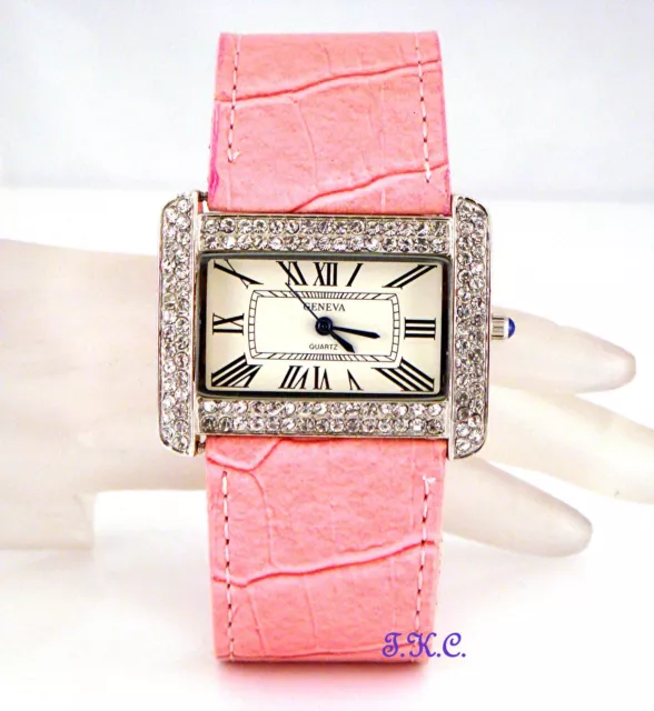 Silver Designer Pink Vegan Leather Ladies Chic Dress Watch w/ Swarovski Crystals