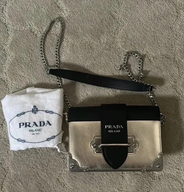 Auth Prada Cahier Gold Metallic Saffiano Leather Chain Strap Crossbody Bag Clutc