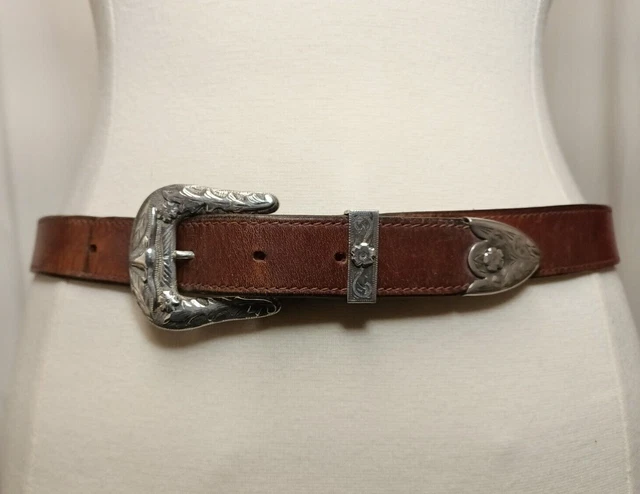 Vintage Longhorn Texas Polo Ralph Lauren Genuine Leather Belt Sterling Silver 34