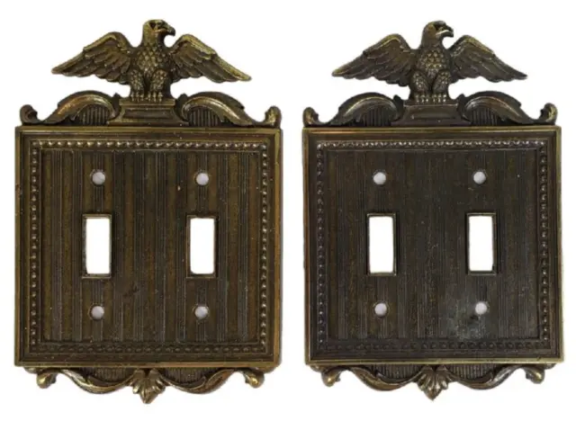 Set of 2 Vintage 70s Brass Eagle Double Toggle Light Switch Plates Covers MCM
