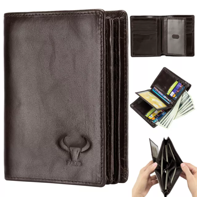 Retro Mens Wallet Genuine Leather RFID Large Capacity Bifold Credit Card Holder