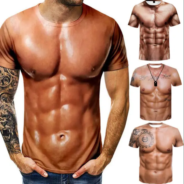 Muscle Tattoo Print T-Shirt Männer Kurzarm 3D Digital Druck Bluse Tops T-Shirt