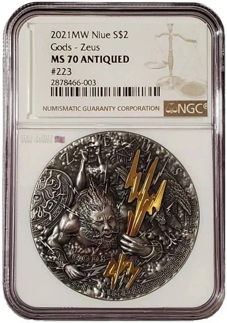 2021 2 Oz Silver $2 Niue Gods ZEUS NGC MS70 Antique Finish Gilde Coin.