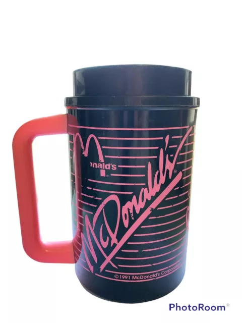 McDonalds Coke Coca-Cola 1991 Thermo 24oz Black & Pink Hot/Cold Travel Mug Vtg