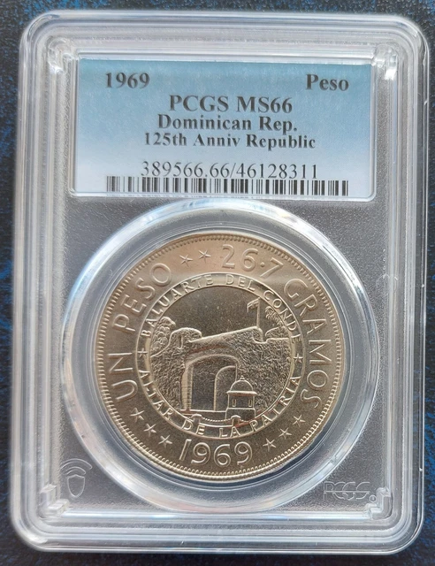 Dominican Republic 1 Peso Unc Coin 1969 Year Km#33 125 Anni Republica Pcgs Ms66