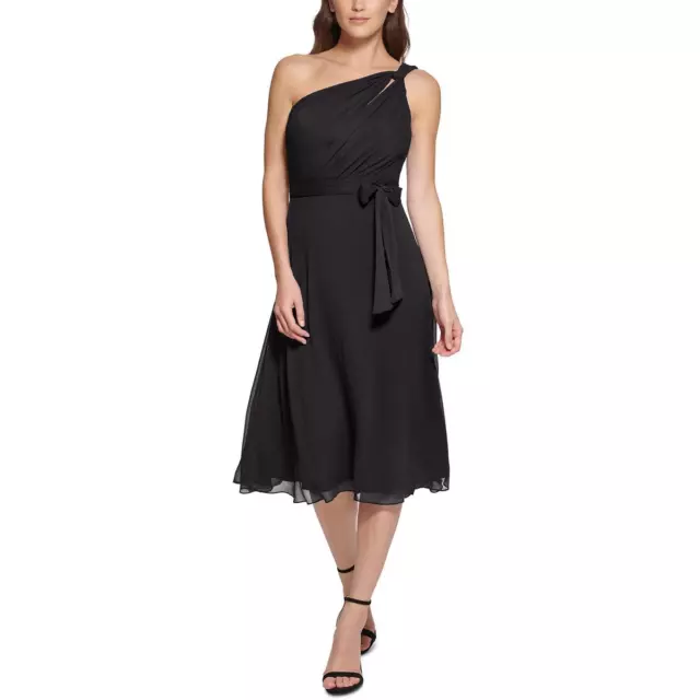 DKNY Womens Black Belted Midi Flowy Cocktail and Party Dress 14 BHFO 1931