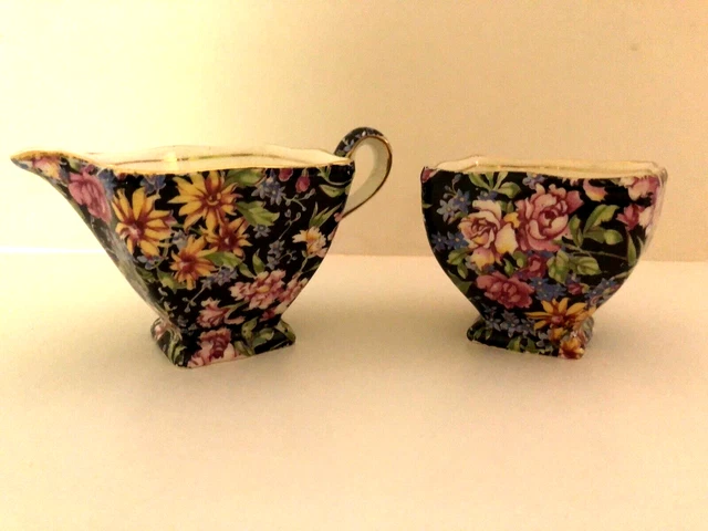 VTG Royal Winston Open Sugar Creamer Grimwades Norwich Black Chintz England
