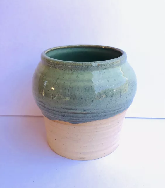 Hand Thrown Studio Art Pottery Two Toned Light Green & Tan Stoneware Planter