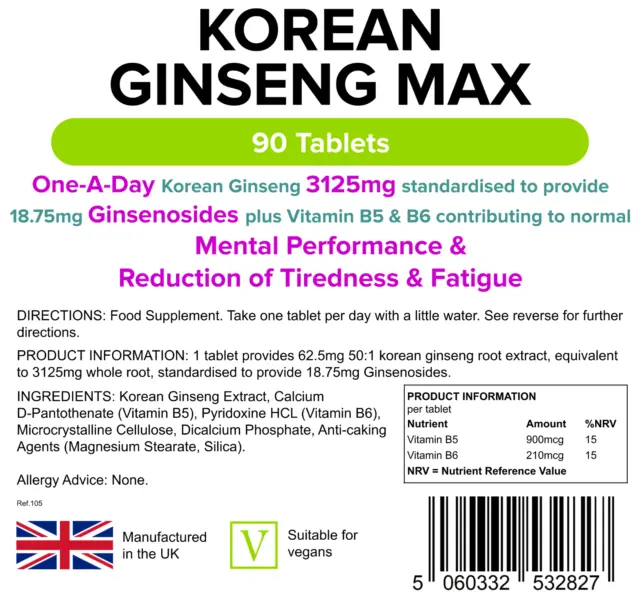 Lindens Korean Ginseng Max (Panax) 3125mg | 90 Tablets 1-A-Day | Energy, Mental 2