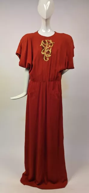 1940’S BURNT ORANGE Crepe Long Dress W Jeweled Gold Leather Front - As ...