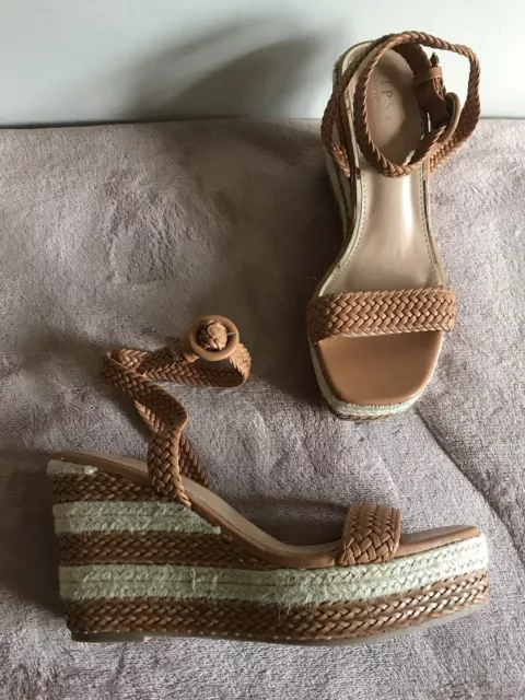 NEW Lipsy Tan Plated Leather Espadrille Wedge Platform Ankle Strap Sandals 8 41