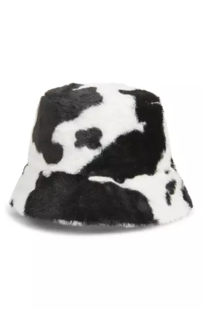 NWT NORDSTROM WOMEN Bucket Hat Animal Print Faux Fur Cow Black White ...