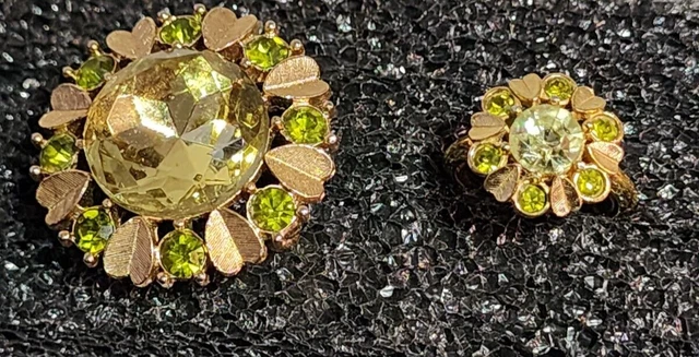 Vintage Avon Green Rhinestone Gold Tone Hearts Pin Brooch Or Pendant and Ring