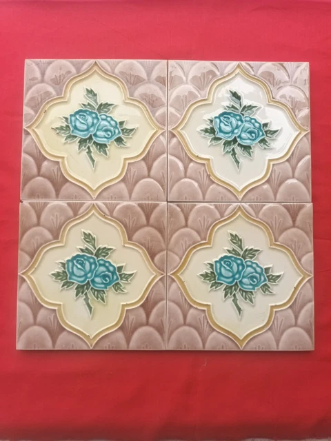 4 Piece Old Art Flower Design Embossed Majolica Ceramic Tiles Japan 0176 3