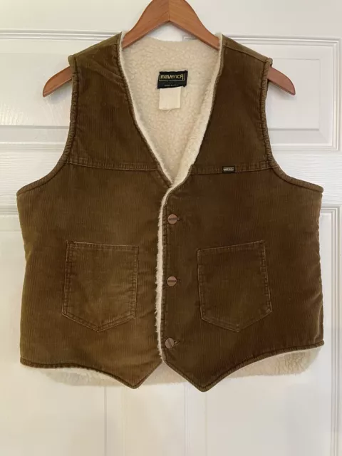 Vintage Maverick Corduroy Vest Large Brown Sherpa Fleece Lined 70s Western