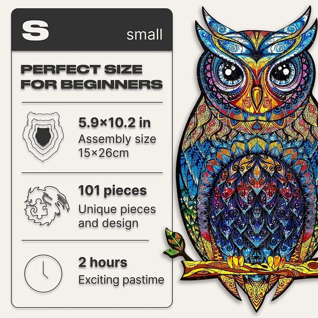 UNIDRAGON Wooden Jigsaw Puzzles - Charming Owl, 101 Pcs, Small 5.9"X10.2", Beaut 2