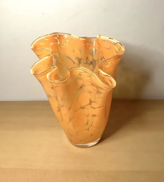 Hand Blown Orange Handkerchief Vase Ruffled Handkerchief Glass Vase Beautiful!