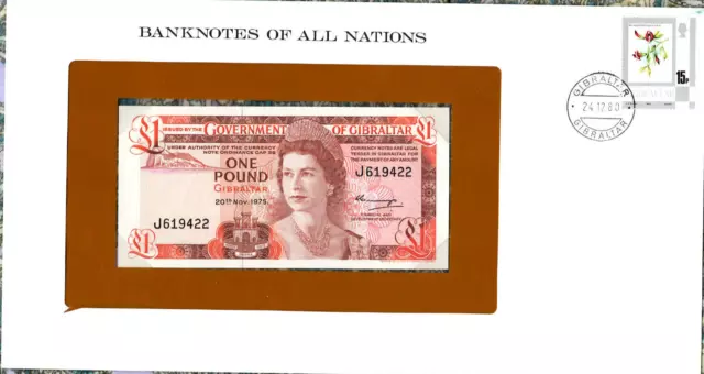 *Banknotes of All Nations Gibraltar 1 pound 1975 AUNC P-20a Prefix J*