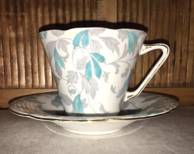 Royal Grafton Teacup & Saucer / Turquoise & Gray "Ashley" / England