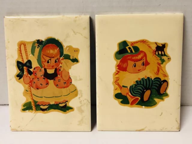 Vintage Wheeling Cushion Tiles Lot Of 2 Tile Art Boy & Girl Little Bo Peep 6x4